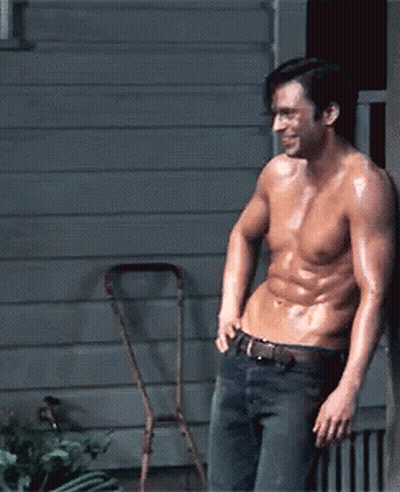 Shirtless Man In Jeans Pointing GIF