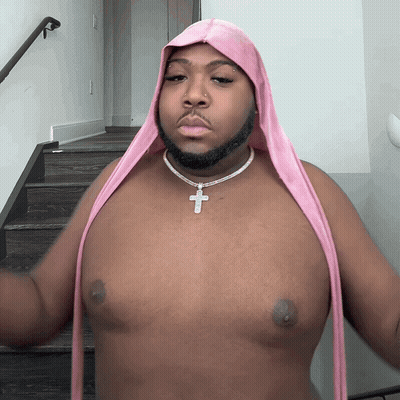 Shirtless Man In Pink Hood And Cross Necklace GIF