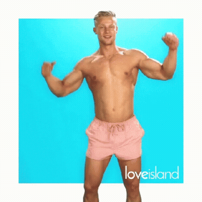 Shirtless Man In Pink Shorts Flexing Muscles On Blue GIF