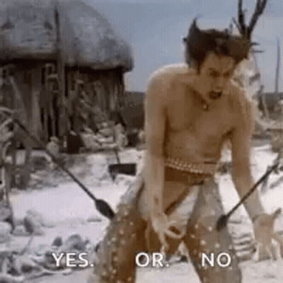 Shirtless Man In Snow Holding Sword Saying Yes Or No GIF