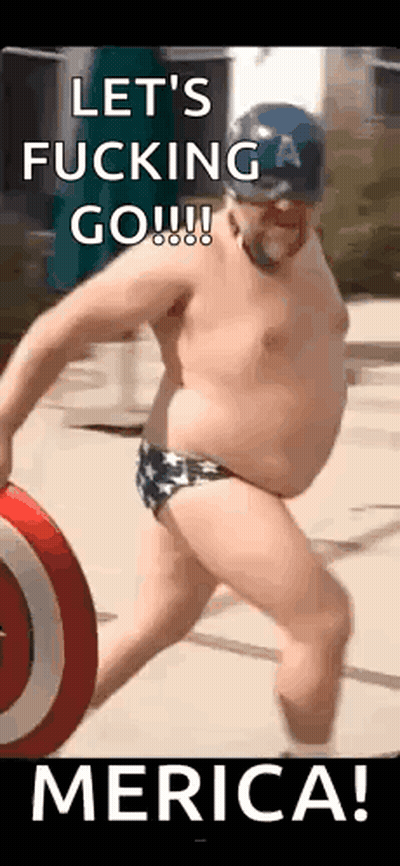 Shirtless Man In Swim Trunks Holding Shield Says Let's Fucking Go Merica GIF