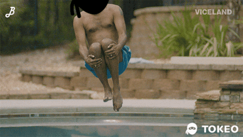 Shirtless Man Jumping Into Pool With Viceland GIF