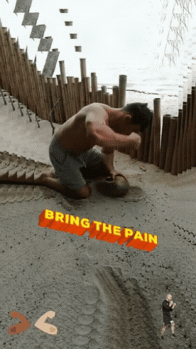 Shirtless Man Kneeling In Sand Bring The Pain GIF