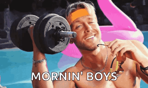 Shirtless Man Lifting Dumbbell Mornin ' Boys GIF