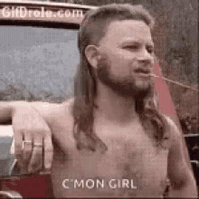 Shirtless Man Mullet Beard Before Red Truck GIF