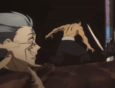 Shirtless Man Next To Woman With Glasses GIF