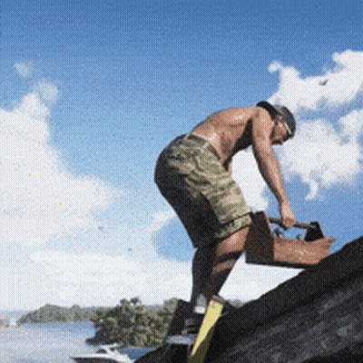 Shirtless Man On Rock With Toolbox And Hammer GIF