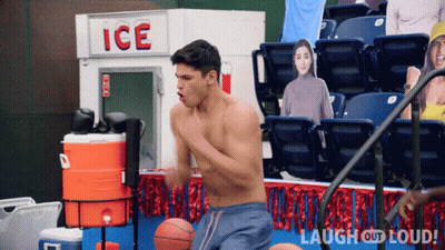 Shirtless Man Playing Basketball In Front Of Ice Sign GIF