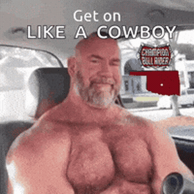 Shirtless Man Sitting In Car Get On Like Cowboy GIF