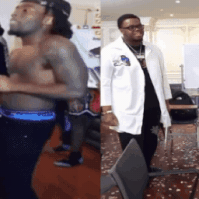 Shirtless Man Standing Next To Doctor In Lab Coat GIF