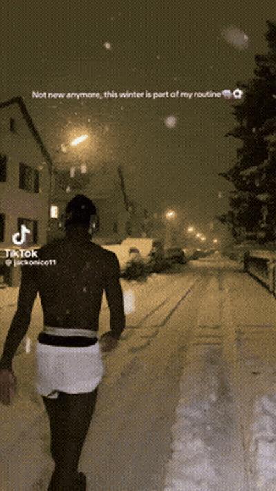 Shirtless Man Walking Snowy Street Not New Anymore GIF