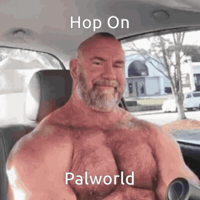 Shirtless Man With Beard In Back Seat Hop On Palworld GIF