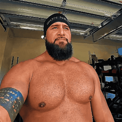 Shirtless Man With Beard In Black Beanie Saying Iron Nerd GIF