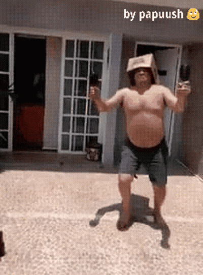 Shirtless Man With Box On Head Holding Beer And Ice Cream GIF