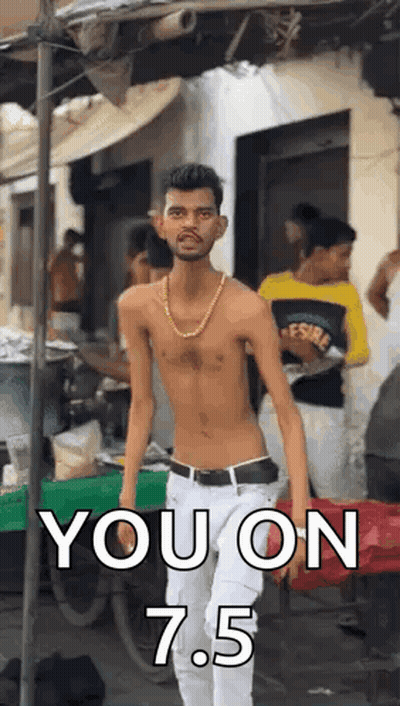 Shirtless Man With Gold Chain At Street Vendor GIF