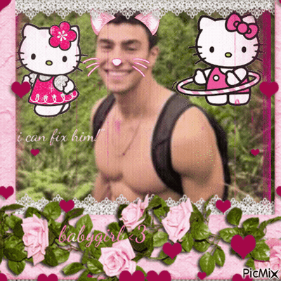 Shirtless Man With Hello Kitty Ears Says I Can Fix Him GIF