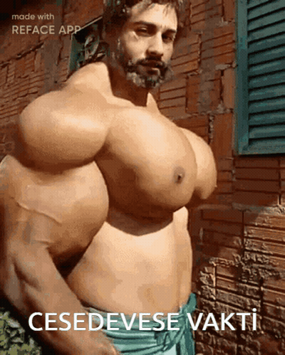 Shirtless Man With Huge Muscles In Front Of Brick Wall GIF