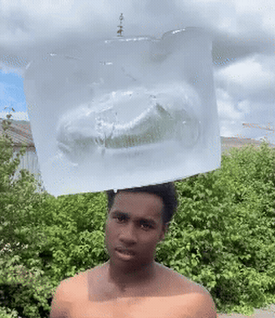 Shirtless Man With Ice Cube On Head GIF