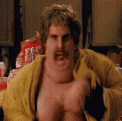 Shirtless Man With Mustache In Yellow Sweater And Robe GIF