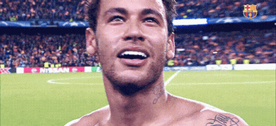 Shirtless Man With Neck Tattoo Smiling On Soccer Field GIF