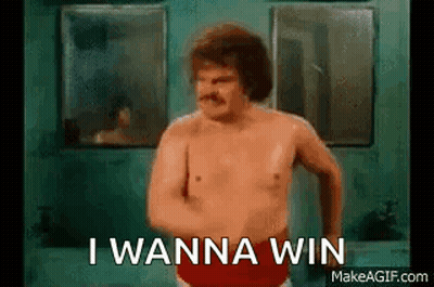 Shirtless Mustache Man Flexing Saying I Wanna Win GIF