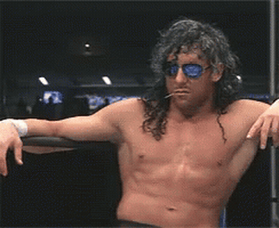 Shirtless Wrestler Long Hair Sunglasses Leaning On Railing GIF