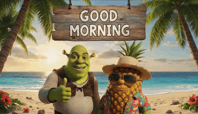 Shrek And A Pineapple On A Beach With A Sign That Says Good Morning GIF