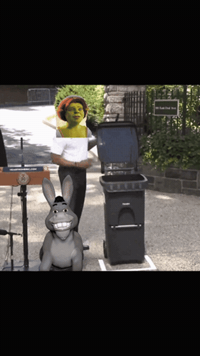 Shrek And Donkey Are Standing Next To A Trash Can With The Lid Open GIF