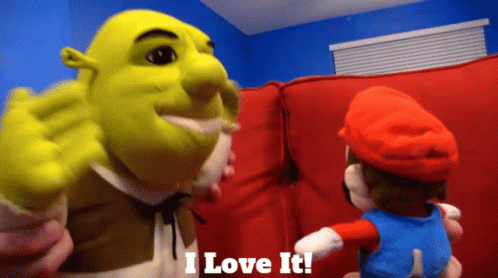 Shrek And Mario Are Standing Next To Each Other And The Words I Love It Are On The Bottom GIF