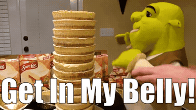 Shrek Eating Waffle Cones Saying Get In My Belly GIF