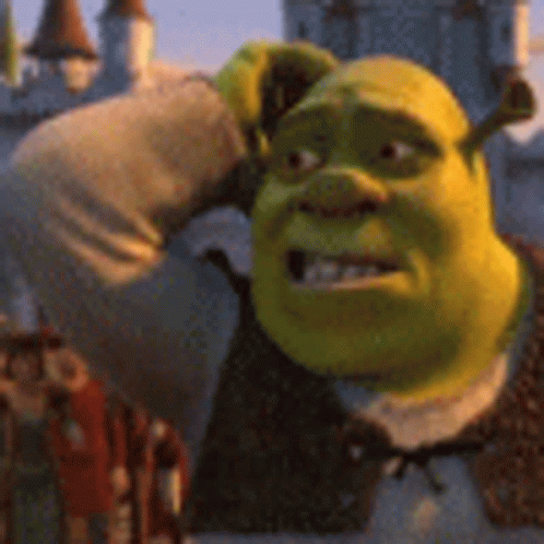 Shrek From Shrek Is Holding His Head In Front Of A Castle In A Scene From Shrek . GIF