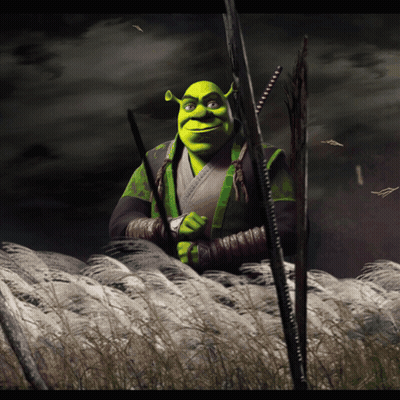 Shrek From The Movie Shrek Is Holding Two Swords In A Field GIF