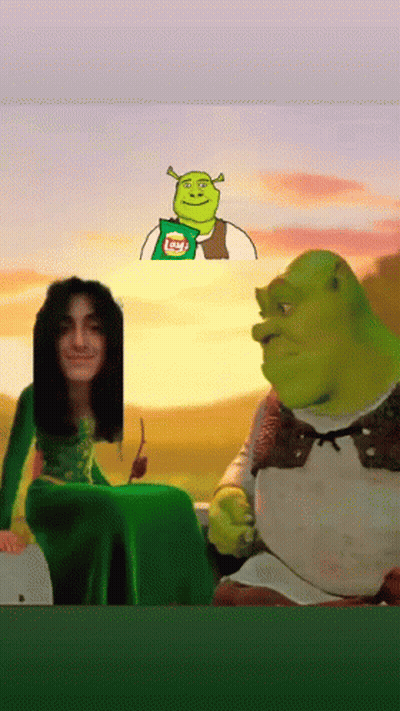 Shrek Holding Lays Chips Next To Woman GIF