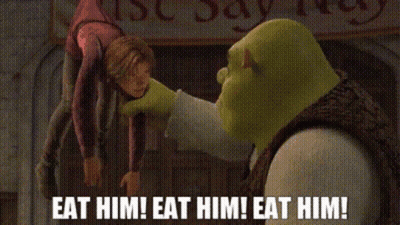 Shrek Holding Puppet Saying Eat Him Eat Him Eat Him GIF