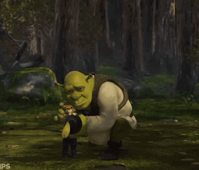 Shrek Is Kneeling Down In The Woods With A Teddy Bear In His Hand GIF