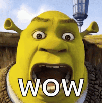 Shrek Is Making A Surprised Face With His Mouth Open And The Word Wow Written On His Face . GIF