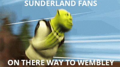 Shrek Is Running With The Words " Sunderland Fans On There Way To Wembley " Above Him GIF