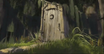 Shrek Is Standing In The Doorway Of A Wooden House In The Woods . GIF
