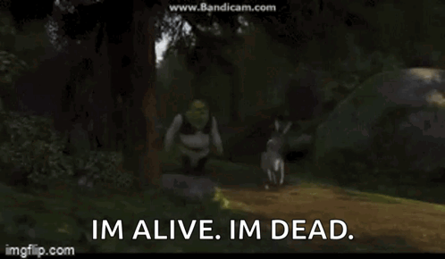 Shrek Is Walking In The Woods With A Dog And Says Im Alive Im Dead . GIF