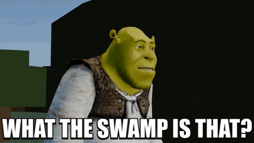 Shrek Says " What The Swamp Is That " In Front Of A Dark Background GIF
