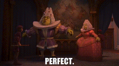 Shrek Standing Next To Woman In Red Dress And Man In Purple Robe GIF