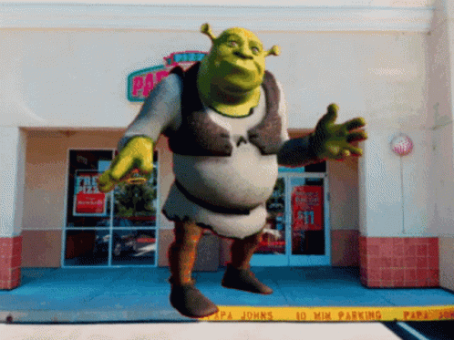 Shrek Stands In Front Of A Papa John 'S Restaurant GIF