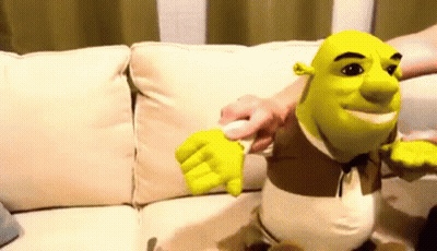 Shrek Stuffed Animal On Couch Being Touched GIF