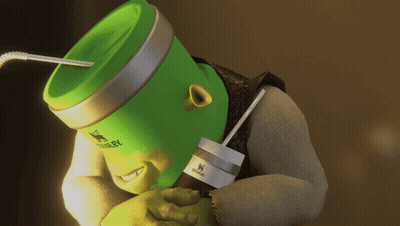 Shrek With A Green Stanley Mug On His Head GIF