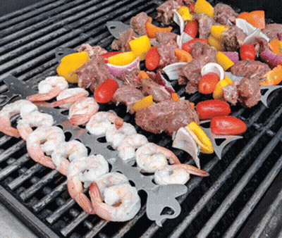 Shrimp And Meat Cooking On Grill With Vegetables GIF