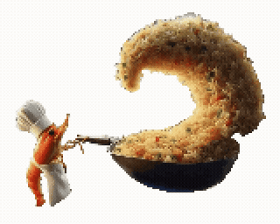 Shrimp In Chef Hat Holding Pan Of Rice GIF
