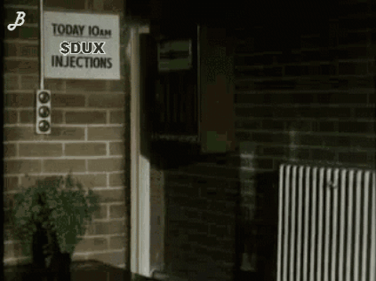 Sign On Brick Wall Says Today 10Am Sdux Injections GIF