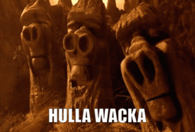 Sign Saying Many Wicked Icky Things In Front Of Statues GIF