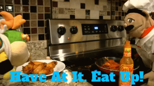 Sign That Says Have At It Eat Up On Kitchen Counter GIF