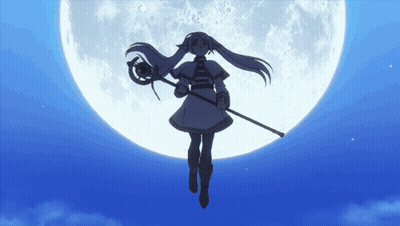 Silhouette Girl Holding Staff In Front Of Full Moon GIF